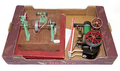 Lot 3244 - Mamod Traction Engine (G) with accessories mounted on wooden block; together with a Trix Twin...