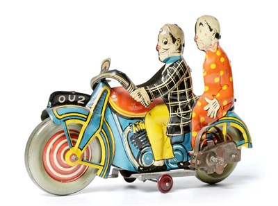 Lot 3247 - Mettoy Clown Motorcycle with two figures, registration 'OU2' (G, spring broken)