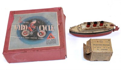 Lot 3251 - Triang Gyrocycle (G-E box F-G) c/w Queen Mary (F, incomplete) and an electric motor (3)