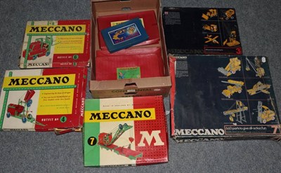 Lot 3262 - Meccano Sets 4, 6 and 7 post war red green in boxes with plastic clip-in interiors; 1970's Sets...