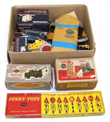 Lot 3308 - Dinky 661 Recovery Tractor (F-G box F-P) Bulldozer (G box F) 772 Road signs (E box F-G, taped)...