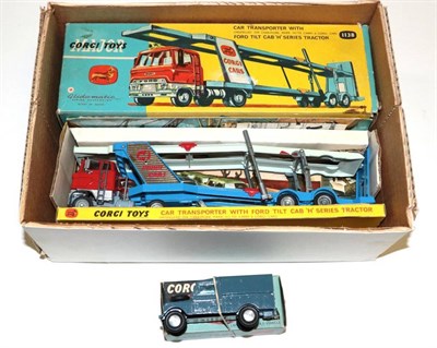 Lot 3317 - Corgi 1138 Car Transporter With Ford Tilt Cab together with 351 Land Rover RAF vehicle (both E...