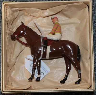 Lot 3380 - Britains Racing Colours Lord Rosebery lime green/pink hooped silks, pink cap on bay (G box G)