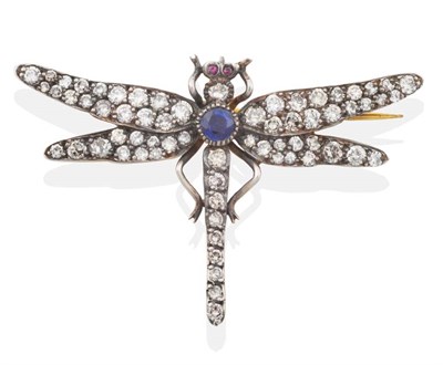 Lot 2020 - A Late Nineteenth Century Diamond, Sapphire and Ruby Dragonfly Brooch, with a sapphire set...