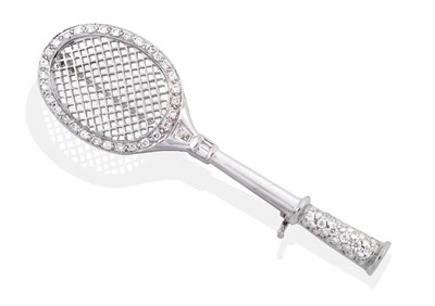 Lot 2029 - A Novelty Diamond Tennis Racket Brooch, with a pavé set diamond set handle and frame and...