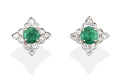 Lot 2043 - A Pair of Emerald and Diamond Cluster Earrings, round cut emeralds within a diamond set lobed...