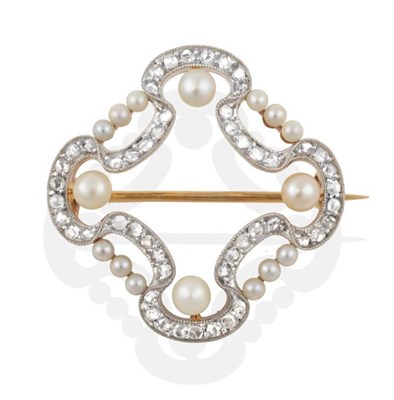 Lot 2044 - An Early Twentieth Century Pearl and Diamond Brooch, a scrolling ribbon of rose cut diamonds spaced