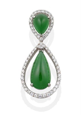 Lot 2045 - A Jade and Diamond Pendant, a pear jade within a border of round brilliant cut diamonds...