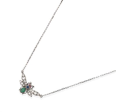 Lot 2058 - A Diamond and Gem Set Fly Pendant Necklace, with old cut diamond set wings, sapphire set...