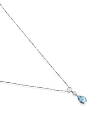 Lot 2063 - An Aquamarine and Diamond Pendant, on Chain, two graduated round brilliant cut diamonds suspend...