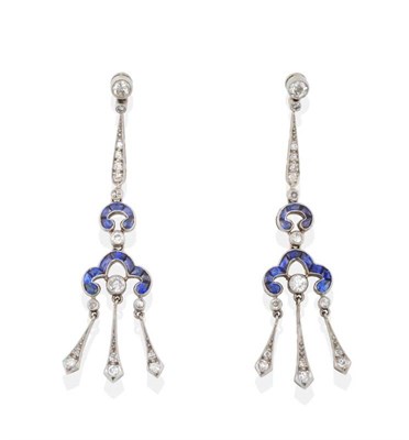 Lot 2069 - A Pair of Early Twentieth Century Sapphire and Diamond Pendant Earrings, grain set round...