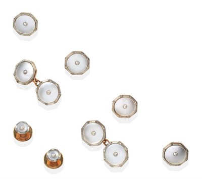 Lot 2086 - A Cased Mother-of-Pearl and Seed Pearl Dress Stud and Cufflink Suite, comprising four buttons,...
