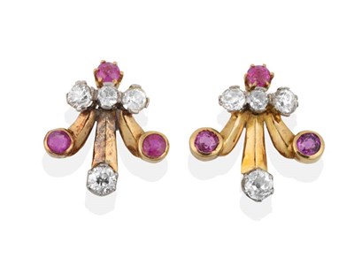 Lot 2121 - A Pair of 1940s Ruby and Diamond Earrings, inverted fleur de lis motifs set with round cut...