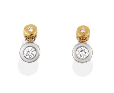 Lot 2132 - A Pair of 18 Carat Two Colour Gold Diamond Earrings, round brilliant cut diamonds in yellow...