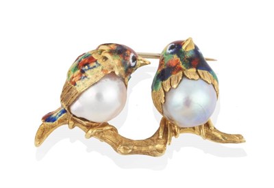 Lot 2137 - A Cultured Pearl and Enamel Novelty Bird Brooch, as two birds with cultured pearl bodies and...