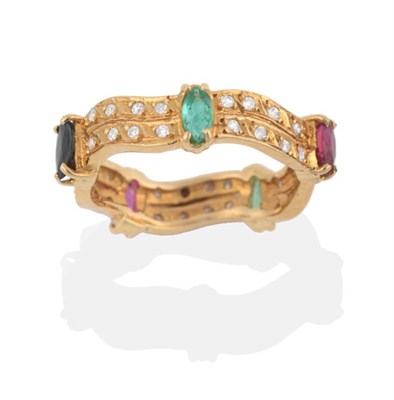 Lot 2141 - An Emerald, Ruby, Sapphire and Diamond Eternity Ring, marquise cut emeralds, rubies and...