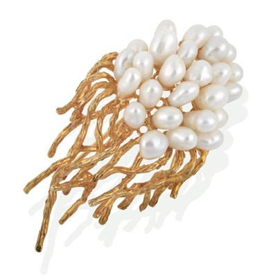 Lot 2143 - A Cultured Pearl Spray Brooch, a cluster of baroque cultured pearls to textured tendrils,...