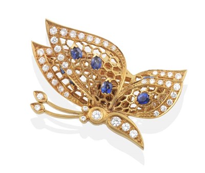 Lot 2146 - A Sapphire and Diamond En Tremblant Butterfly Brooch, modelled with closed en tremblant wings,...