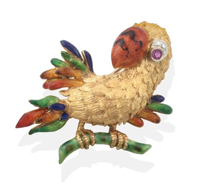 Lot 2150 - An Enamel and Gem Set Parrot Brooch, modelled with textured feathers, with a ruby and diamond...