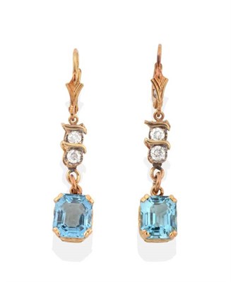 Lot 2156 - A Pair of Aquamarine and Diamond Pendant Earrings, pairs of round brilliant cut diamonds...