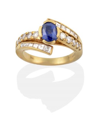 Lot 2158 - A Sapphire and Diamond Ring, an oval cut sapphire in a rubbed over setting, to round brilliant...