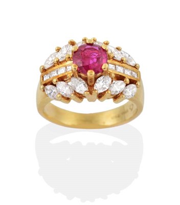 Lot 2165 - A Ruby and Diamond Ring, a round cut ruby between bands of channel set princess cut diamonds...