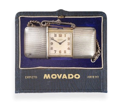 Lot 2216 - An Art Deco Silver Purse Watch, signed Movado, Ermeto, Chronometre, 1928, lever movement,...