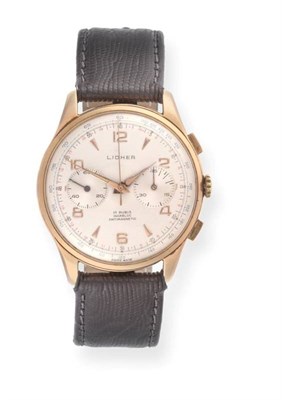 Lot 2217 - An 18ct Gold Chronograph Wristwatch, signed Lidher, circa 1950, lever movement, silvered dial...