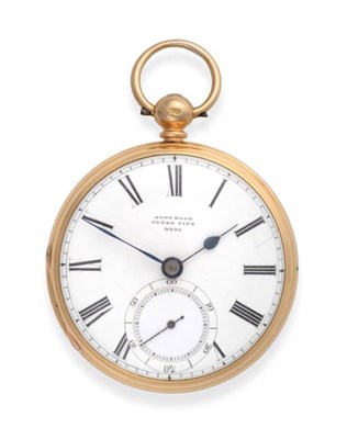 Lot 2219 - An 18ct Gold Open Faced Pocket Watch, signed John Hood, Cupar Fife, 1880, lever movement signed and