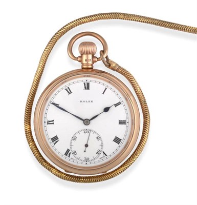 Lot 2223 - A 9ct Gold Open Faced Keyless Pocket Watch, signed Rolex, 1925, lever movement signed,...