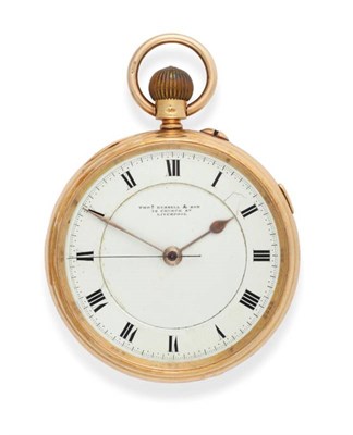 Lot 2247 - An 18ct Gold Open Faced Chronograph Pocket Watch, signed Thos Russell & Son, 12 Church St,...