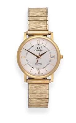 Lot 2248 - An 18ct Gold Calendar Centre Seconds Wristwatch, signed Omega, model: De Ville, circa 1998,...