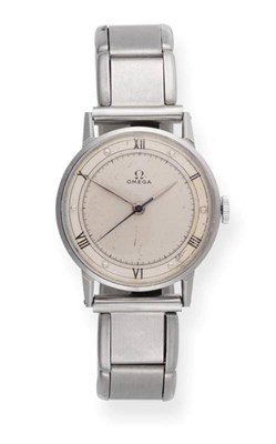 Lot 2260 - A Stainless Steel Centre Seconds Wristwatch, signed Omega, circa 1945, lever movement signed...