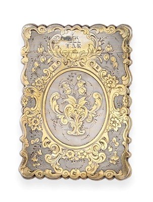 Lot 2279 - A Victorian Parcel Gilt Silver Card Case, Yapp & Woodward, Birmingham 1851, rectangular with shaped
