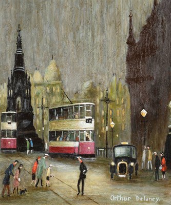 Lot 151 - Arthur Delaney (1927-1987) Albert Square with trams  Signed, oil on board, 24.5cm by 20.5cm...