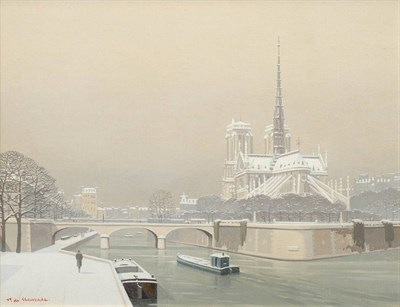 Lot 128 - Pierre de Clausade (1910-1976) French ''Barges at Notre Dame'' Signed, oil on canvas, 26cm by 34cm