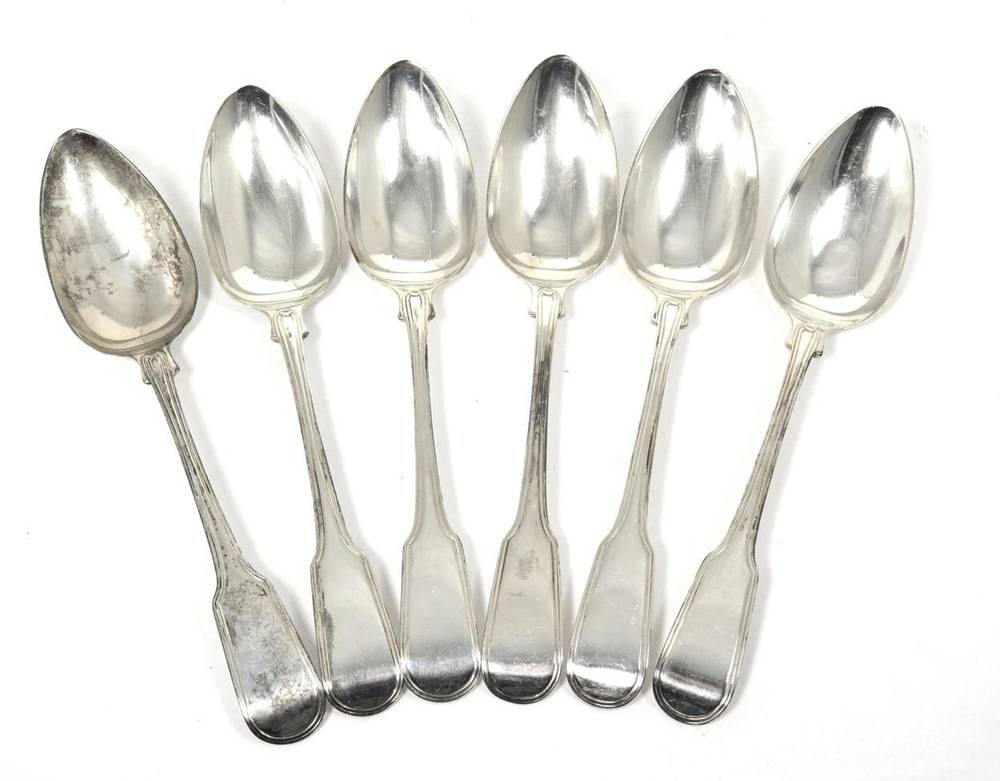 Lot 1 - A set of six George III silver single struck fiddle and thread pattern table spoons, Peter &...