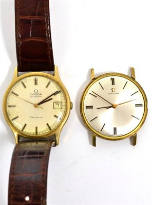 Lot 3 - A 9 carat gold automatic centre seconds calendar wristwatch, signed Omega, Geneve; and a 9...