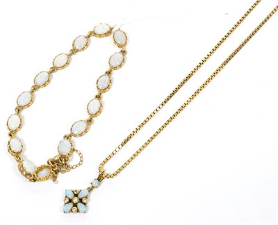 Lot 7 - A 9 carat gold opal link bracelet and a 9 carat gold opal and diamond pendant on a 9 carat gold box