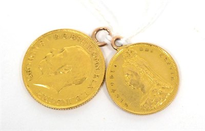 Lot 13 - A 1915 gold sovereign; and an 1887 gold half sovereign, both with pendant mounts (2)