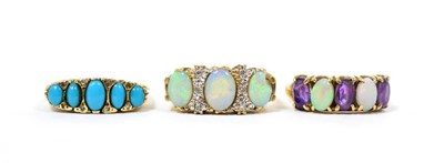Lot 16 - A 9 carat gold turquoise and diamond ring, finger size O1/2; a 9 carat gold opal and diamond...