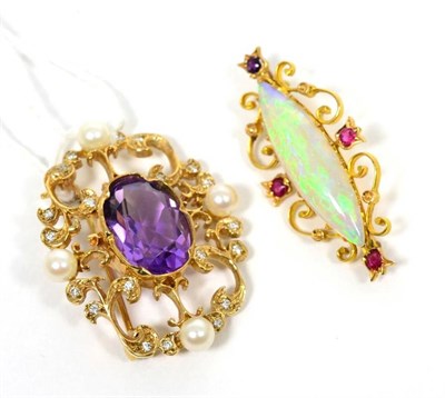 Lot 21 - A 9 carat gold Victorian-style amethyst, pearl and diamond brooch, 7.6g and an opal and ruby...