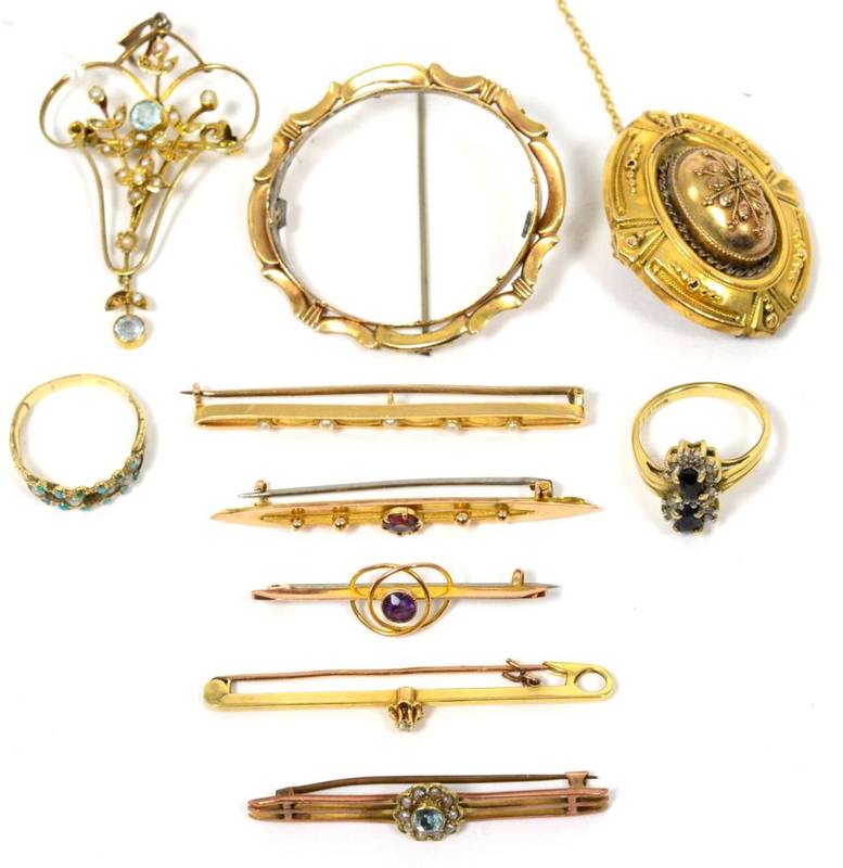 Lot 29 - An Art Nouveau pendant aquamarine and seed pearl brooch/pendant (a.f.); five various gem-set...