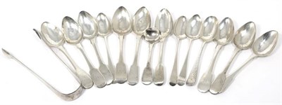 Lot 36 - Thirteen Georgian silver teaspoons and a pair of sugar tongs