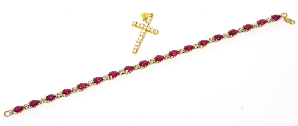 Lot 38 - A 9 carat gold synthetic ruby bracelet, length 19cm; and a cubic zirconia cross pendant,...