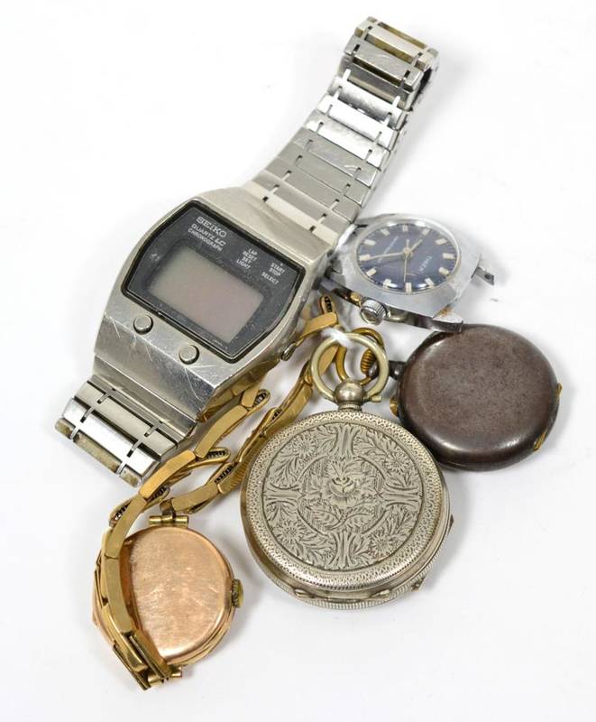 Lot 39 - A digital display quartz chronograph signed Seiko; two lady's fob watches; a lady's Timex...