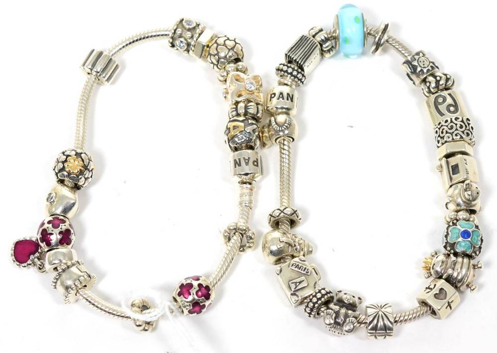 Lot 44 - Two Pandora charm bracelets, including paste set and enamel charms, charms with marks 'ALE' for...