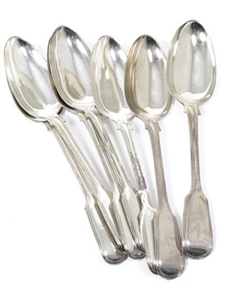 Lot 46 - A set of seven Victorian silver fiddle and thread pattern table spoons, Elizabeth Eaton, London...