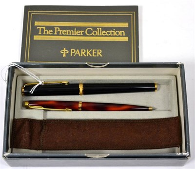 Lot 64 - A Parker Premier fountain pen, 18k nib; with Parker ballpoint pen, boxed (2)