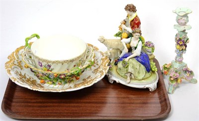 Lot 102 - A Meissen bowl and basket (damaged); a Dresden group; a Continental candlestick; teawares; and...